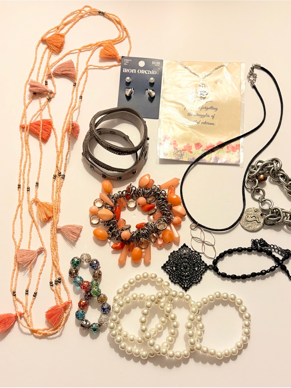 Mixed of 13 Orange Bead Cluster Necklace - Multi-Strand Tassel & Bead Accent